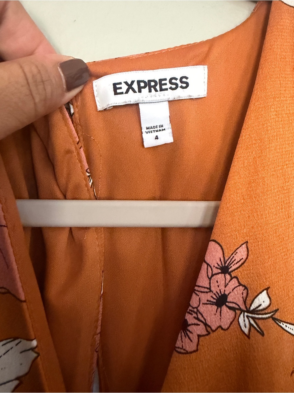 Express Rust Floral Wrap Mini Dress with Pink Blooms - Picture 2 of 5